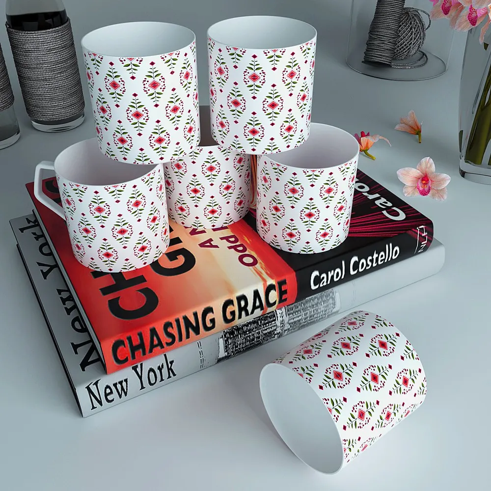 Minimalist Designer Red & White Designer Tea Cups (Set of 6 )