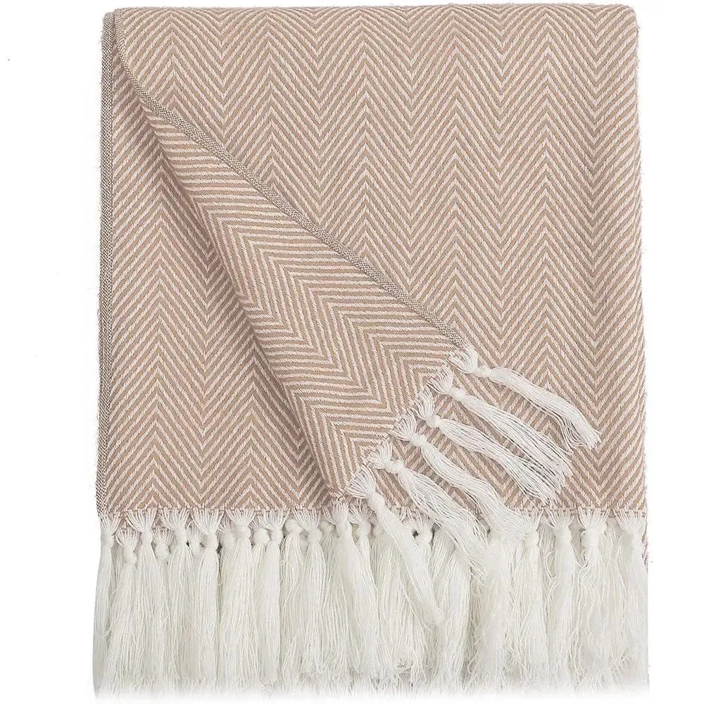 Minimalist Fringed Beige Warm Cotton Throw