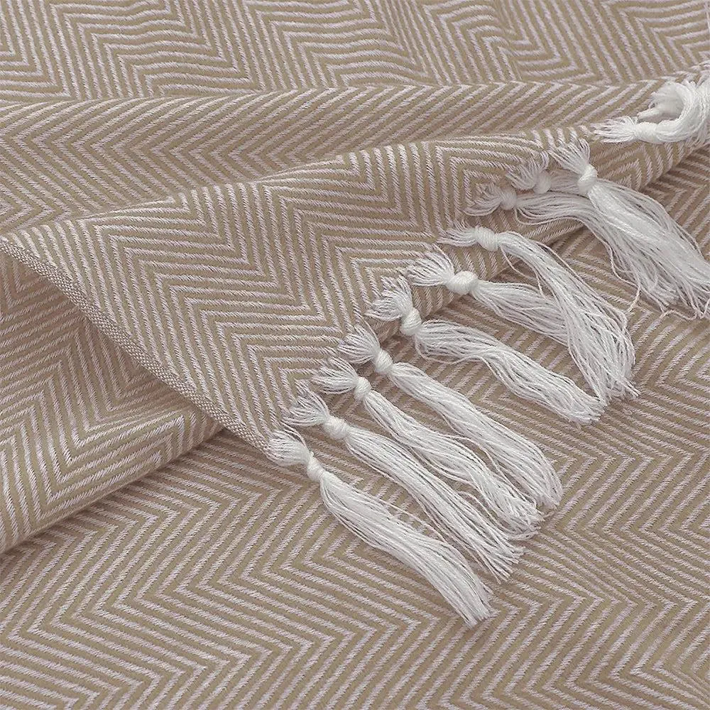 Minimalist Fringed Beige Warm Cotton Throw