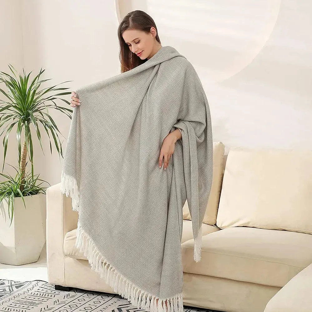 Minimalist Fringed Grey Warm Cotton Throw