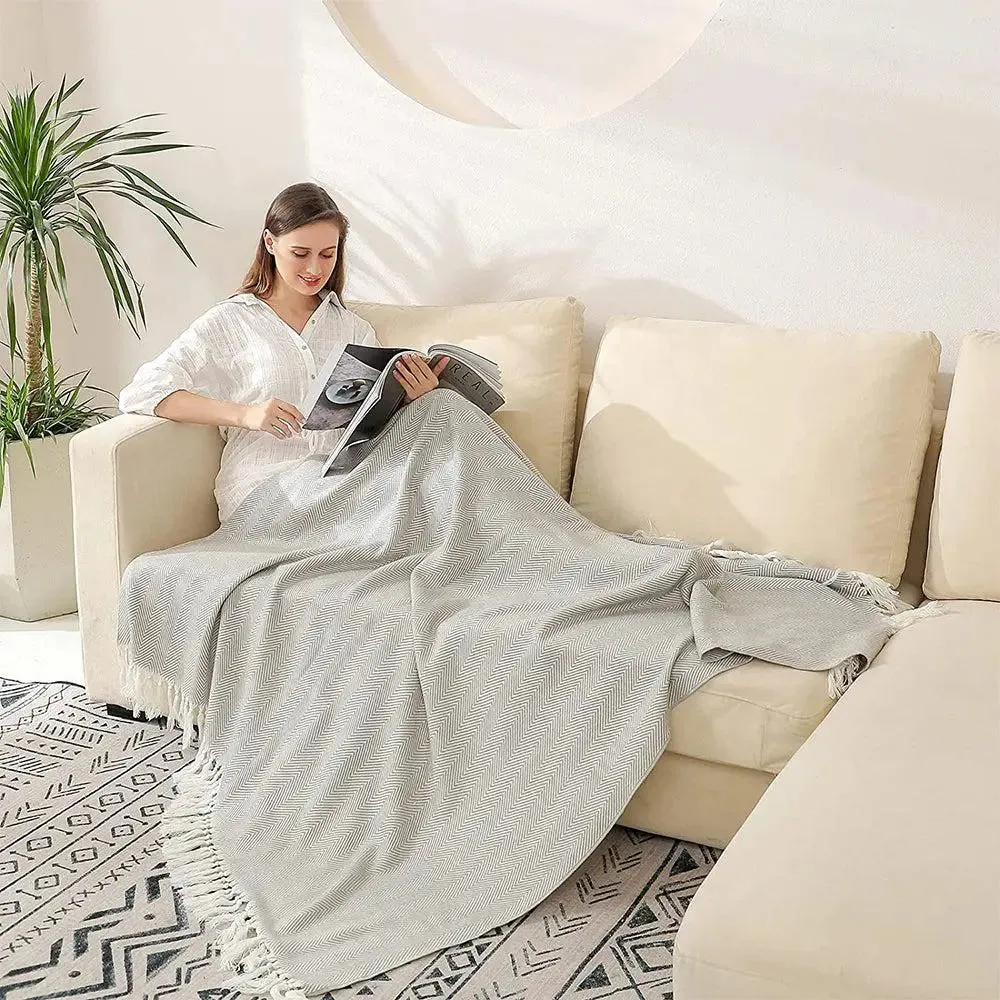 Minimalist Fringed Grey Warm Cotton Throw