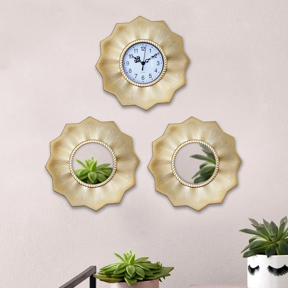 Minimalist Golden Floral Pattern Wall Clock & Mirror Set Of 3
