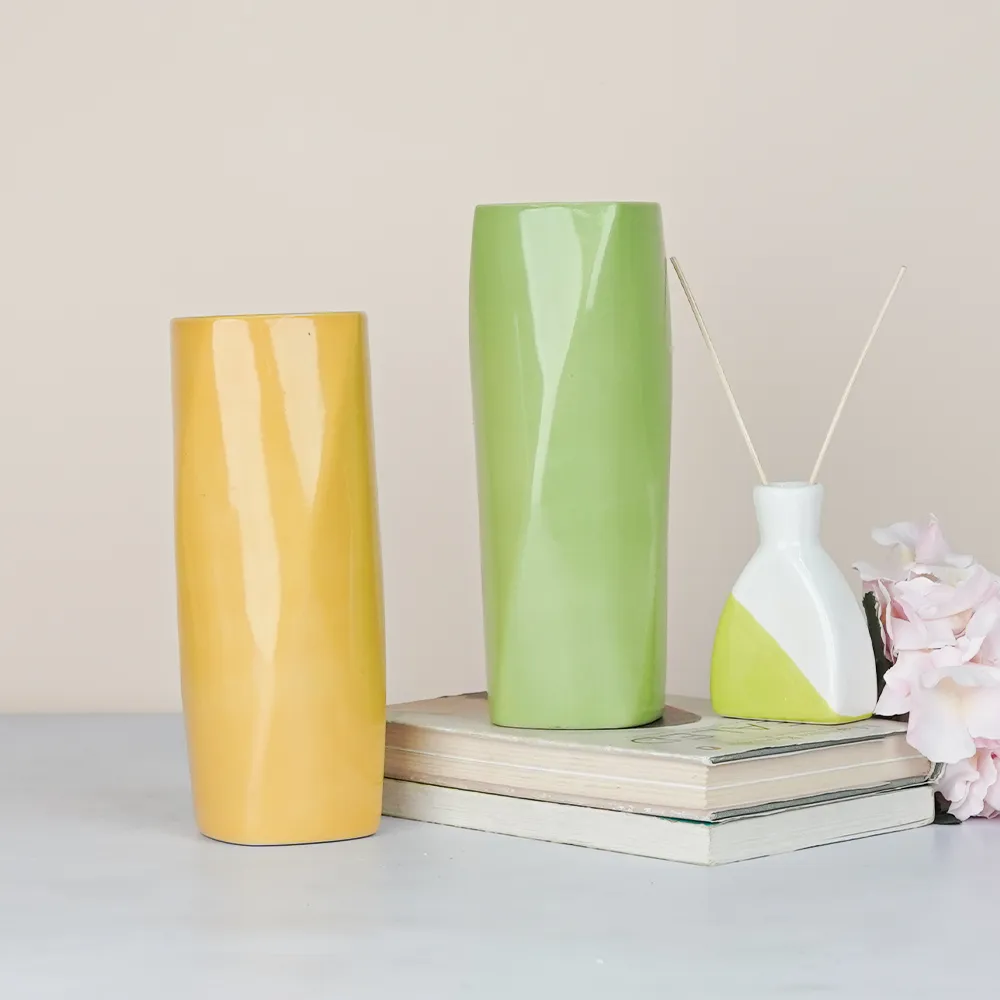 Minimalist Green & Yellow Rectangular Ceramic Vases Set Of 2