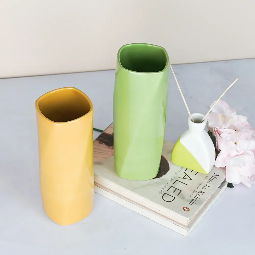 Minimalist Green & Yellow Rectangular Ceramic Vases Set Of 2
