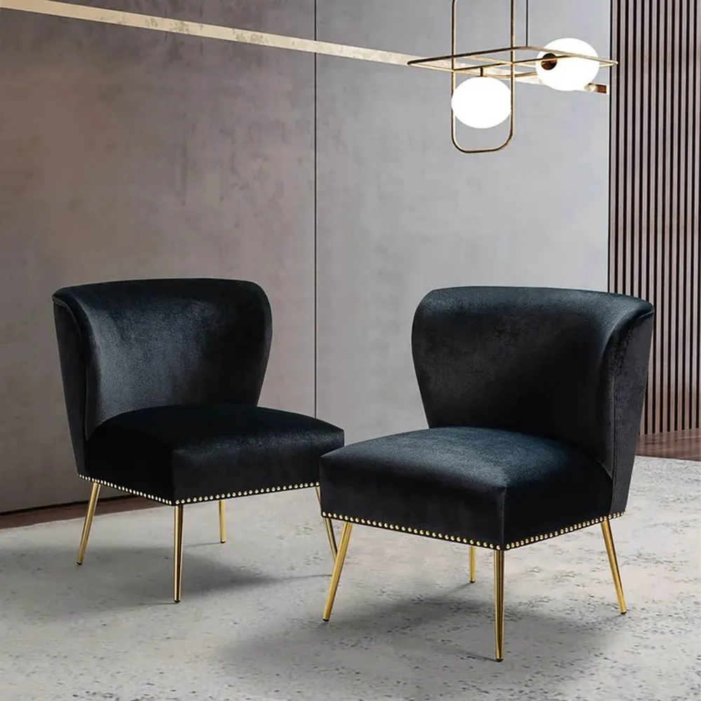 Minimalist Jet Black Velvet Lounge Chairs Set Of 2 Single
