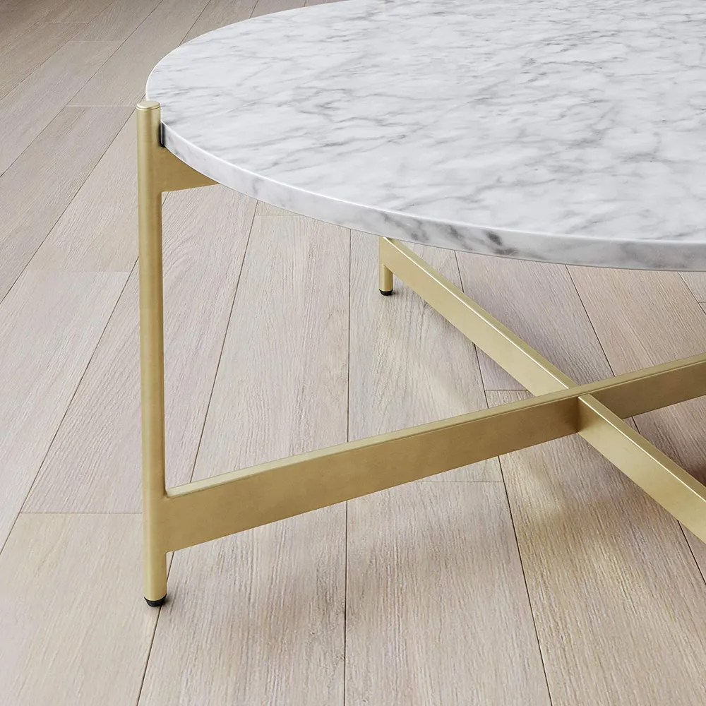 Minimalist Metal Coffee Table In Criss Cross Matte Gold Base