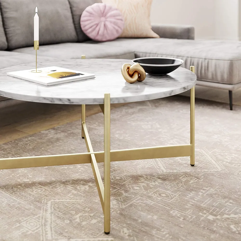 Minimalist Metal Coffee Table In Criss Cross Matte Gold Base