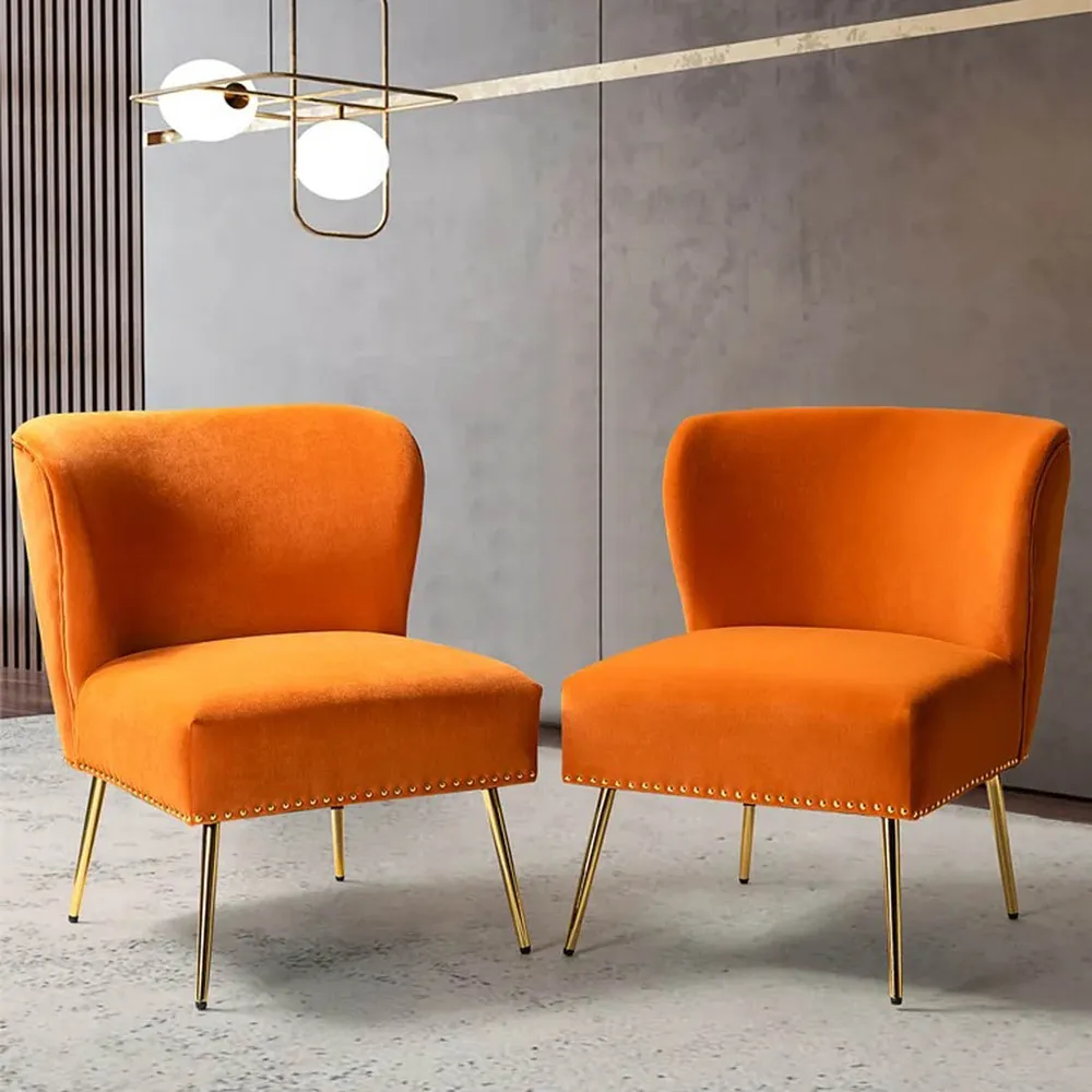 Minimalist Orange Velvet Lounge Chairs Set Of 2 Single