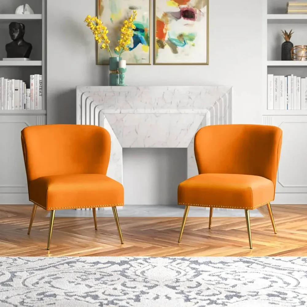 Minimalist Orange Velvet Lounge Chairs Set Of 2 Single