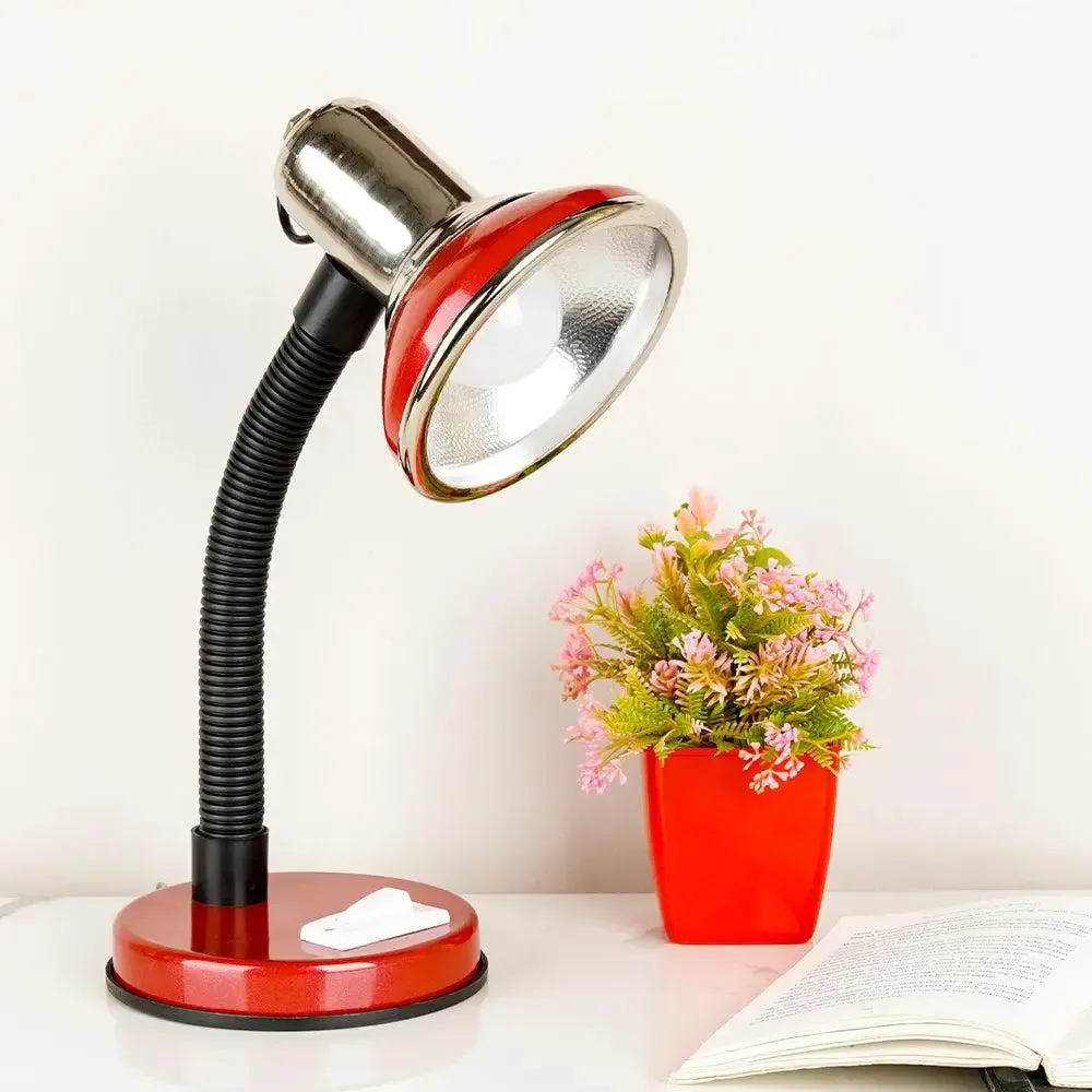Minimalist Red & Chrome-finished Table Lamp for Study Area with Adjustable Neck