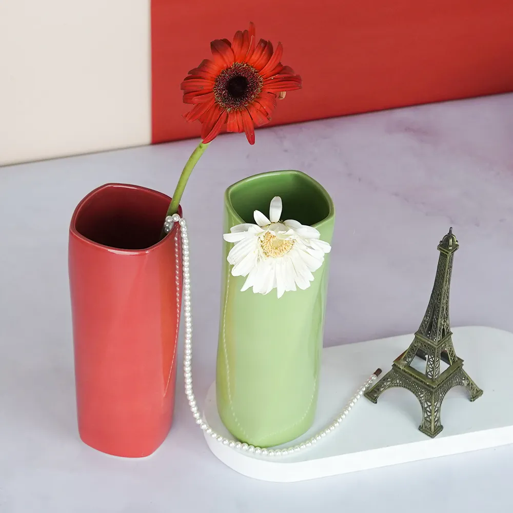 Minimalist Red & Green Rectangular Ceramic Vases Set Of 2