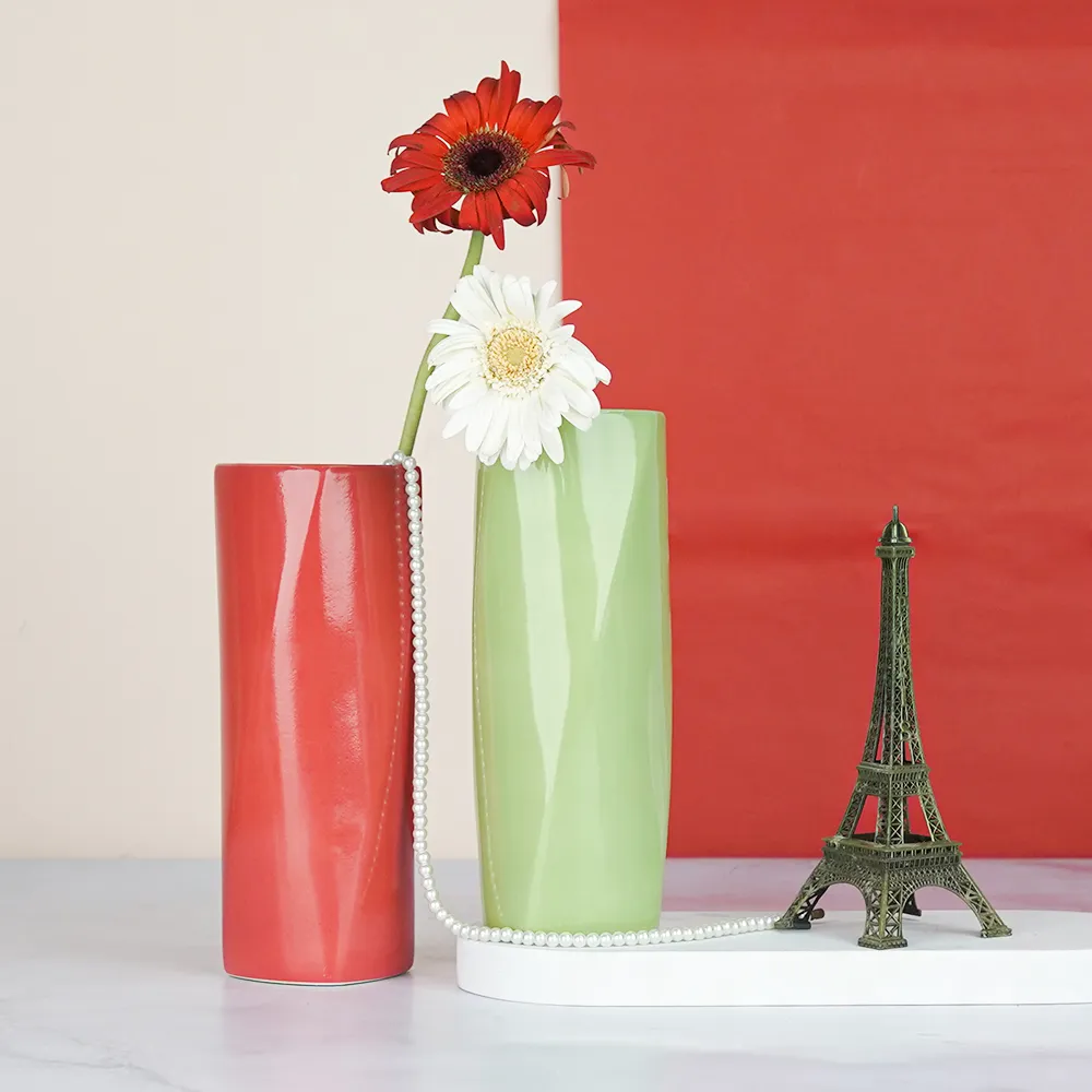 Minimalist Red & Green Rectangular Ceramic Vases Set Of 2