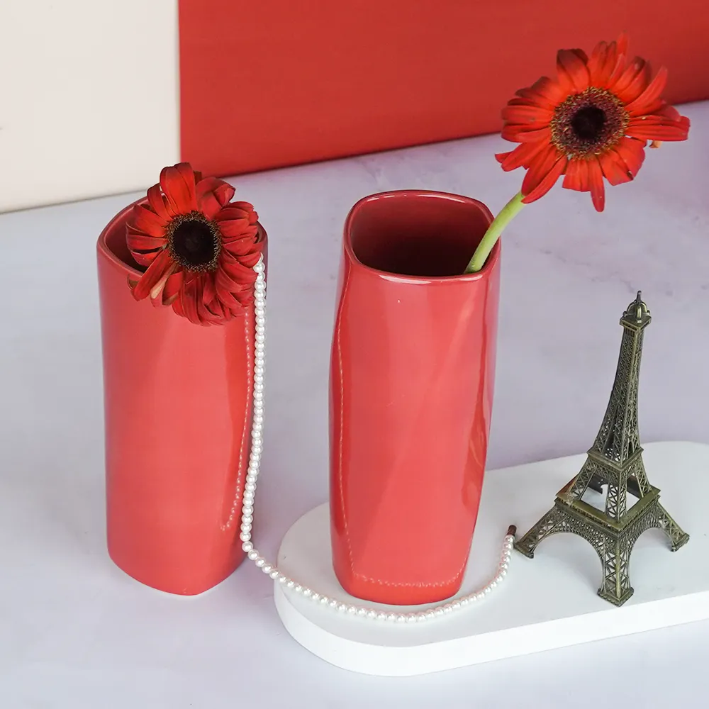 Minimalist Red Rectangular Ceramic Vase Set Of 2