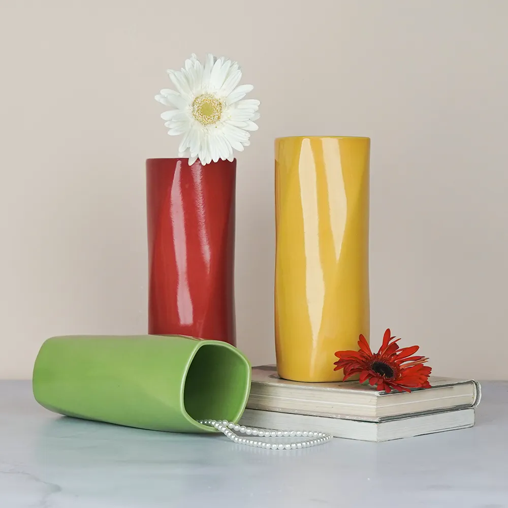 Minimalist Red, Yellow & Green Rectangular Ceramic Vases Set Of 3