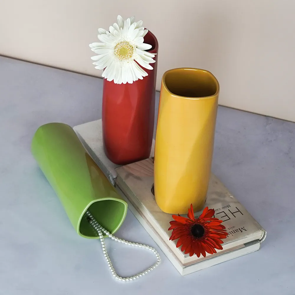 Minimalist Red, Yellow & Green Rectangular Ceramic Vases Set Of 3