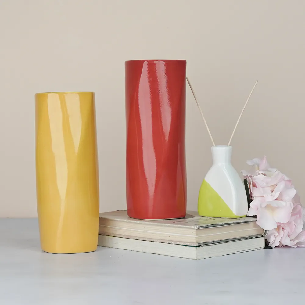 Minimalist Red & Yellow Rectangular Ceramic Vases Set Of 2