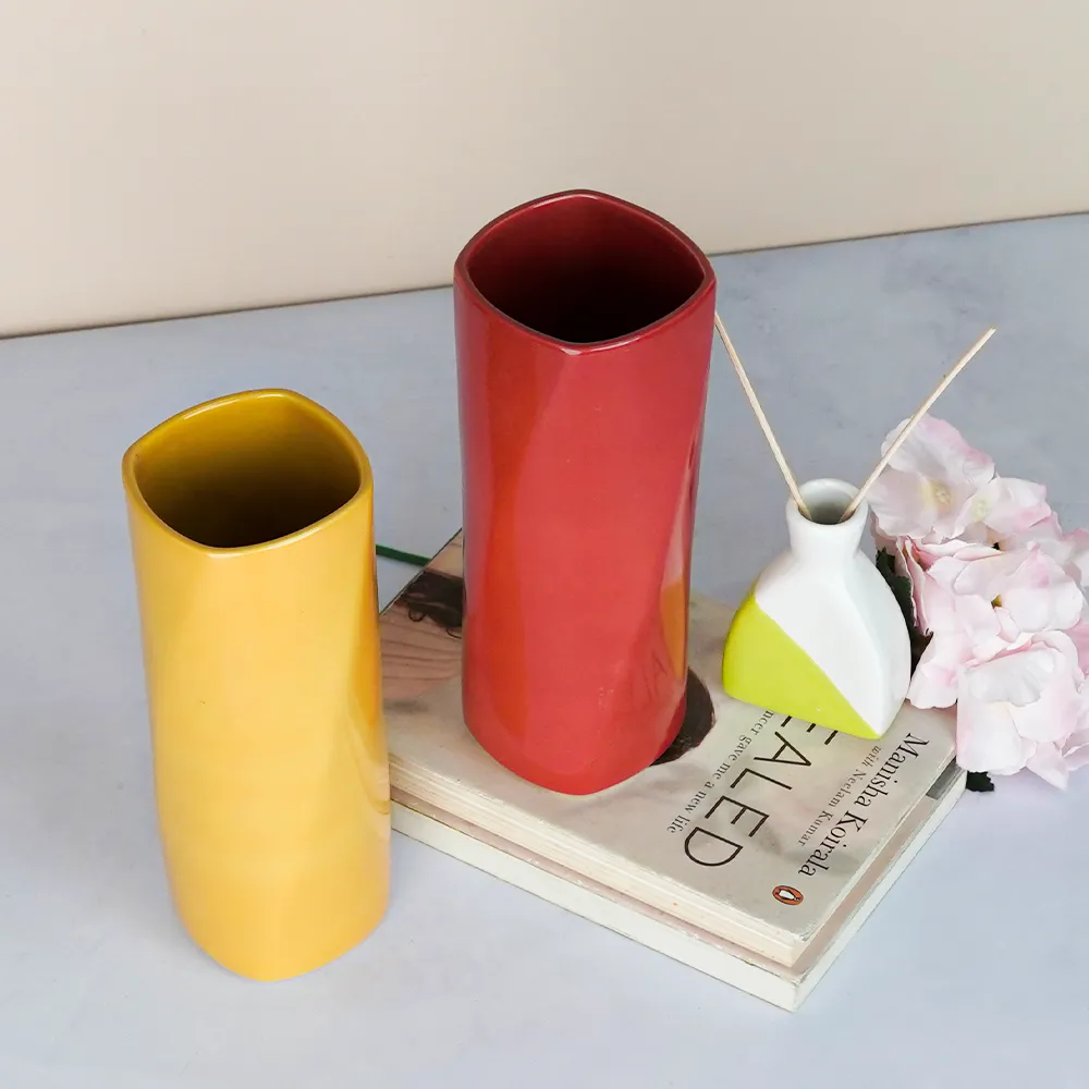Minimalist Red & Yellow Rectangular Ceramic Vases Set Of 2
