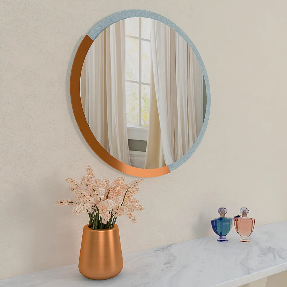 Minimalist Round Copper & Silver Finish Wooden Wall Mirror Small ( 37CM X 37CM )
