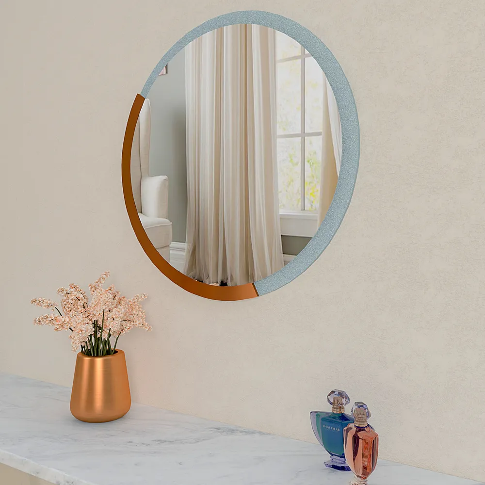 Minimalist Round Copper & Silver Finish Wooden Wall Mirror Small ( 37CM X 37CM )
