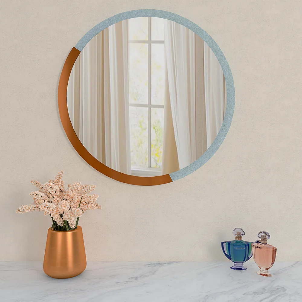 Minimalist Round Copper & Silver Finish Wooden Wall Mirror Small ( 37CM X 37CM )