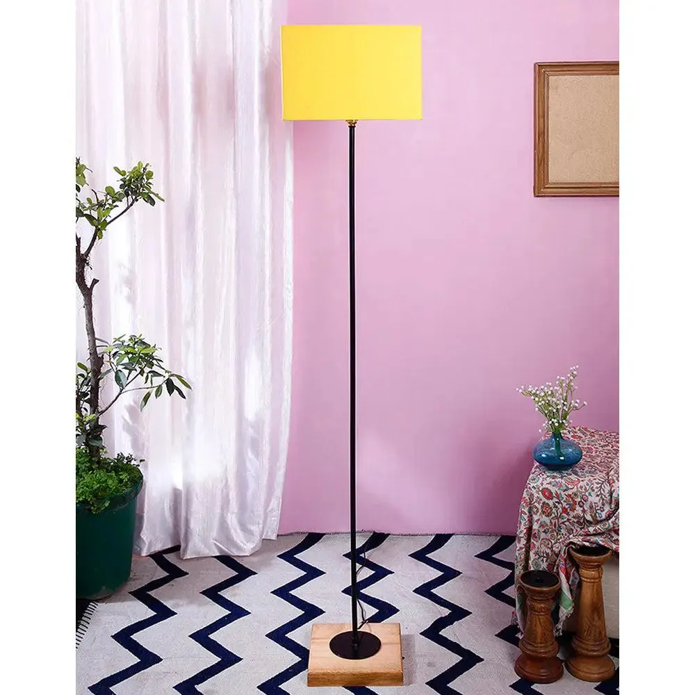 Minimalist Stick Floor Lamp With Wooden Base & Sqaure Shade White