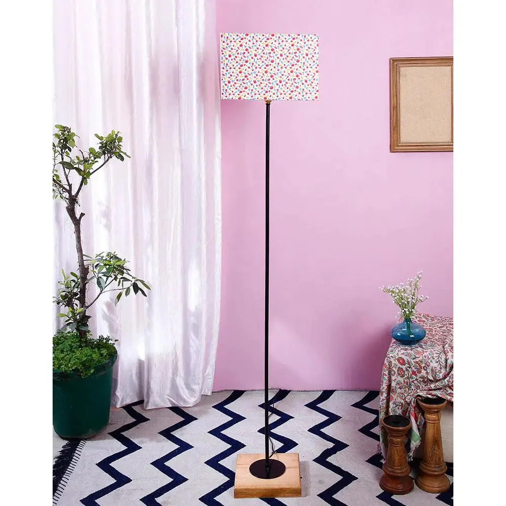 Minimalist Stick Floor Lamp With Wooden Base & Sqaure Shade White