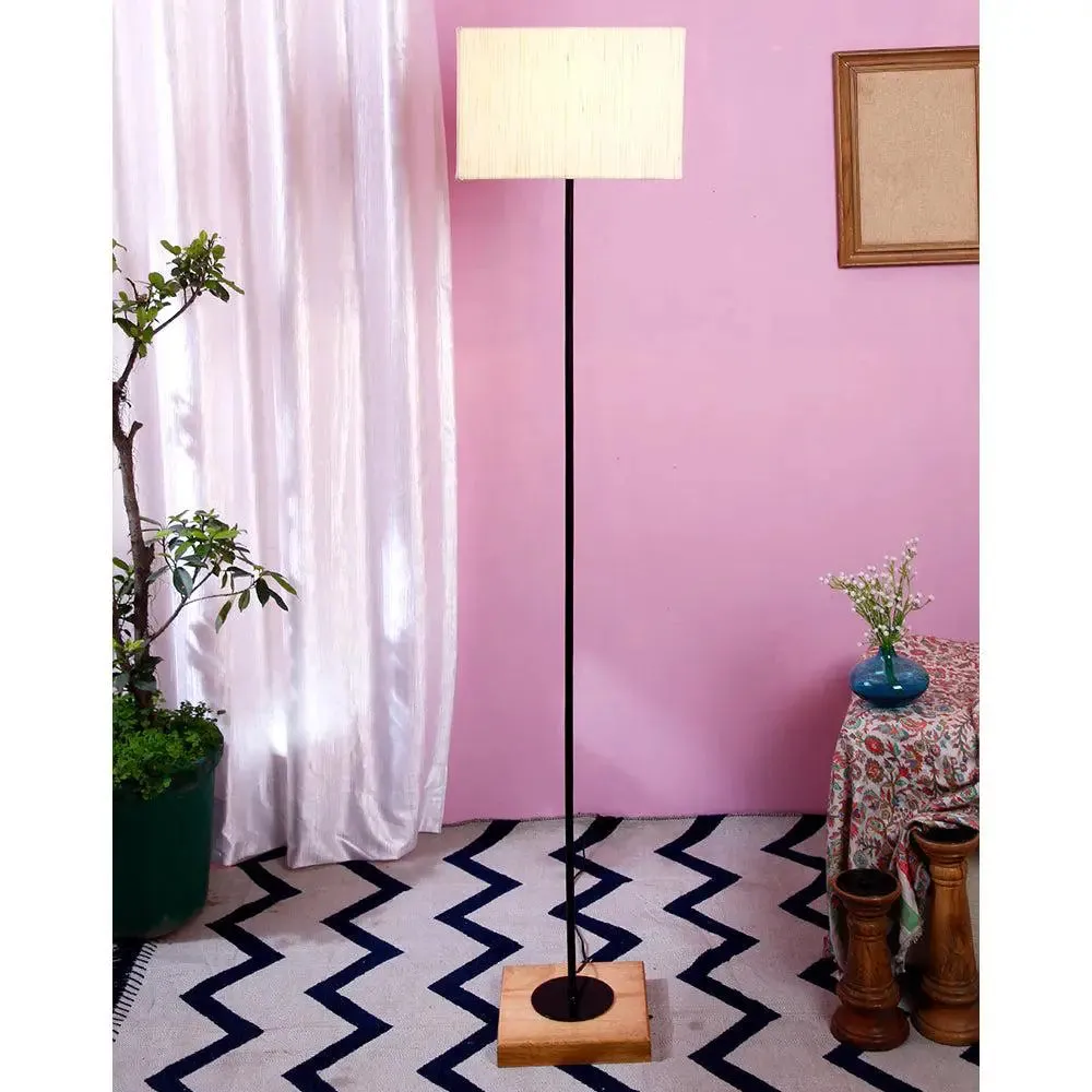 Minimalist Stick Floor Lamp With Wooden Base & Sqaure Shade White