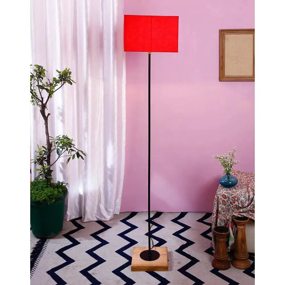 Minimalist Stick Floor Lamp With Wooden Base & Sqaure Shade White