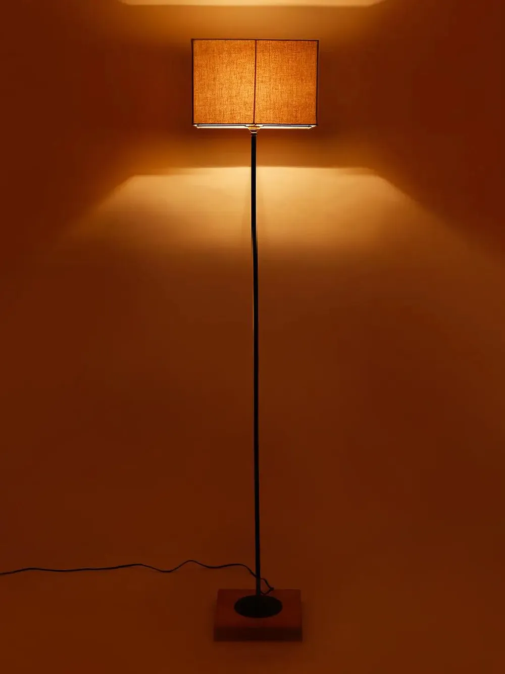 Minimalist Stick Floor Lamp With Wooden Base & Sqaure Shade White