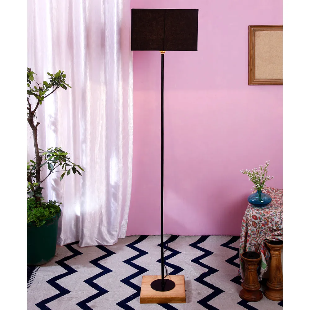 Minimalist Stick Floor Lamp With Wooden Base & Sqaure Shade White