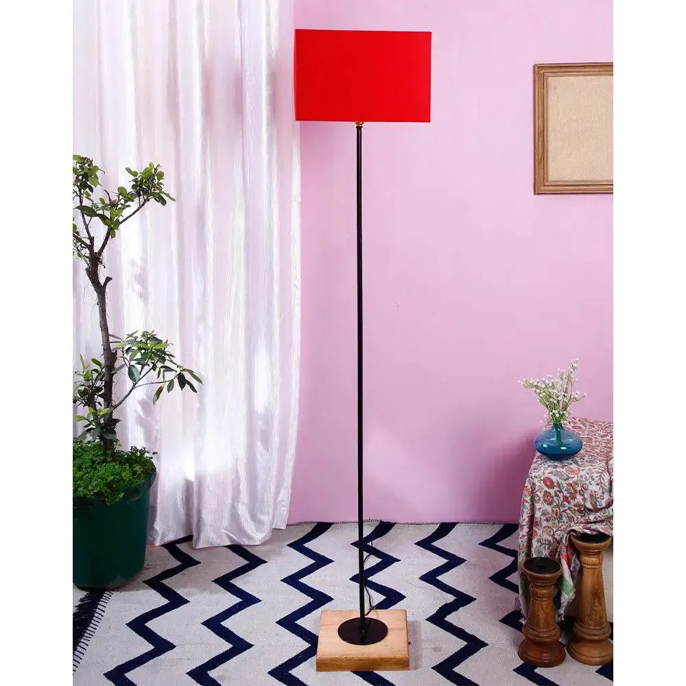 Minimalist Stick Floor Lamp With Wooden Base & Sqaure Shade White