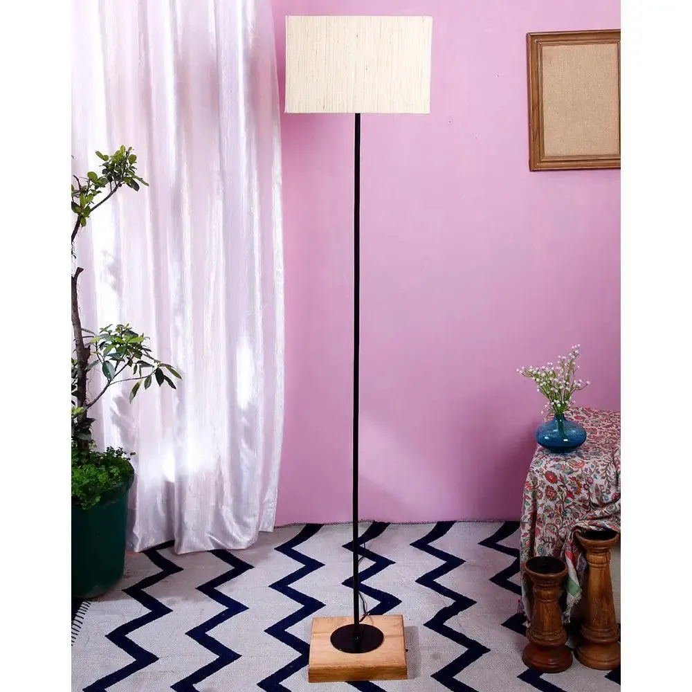 Minimalist Stick Floor Lamp With Wooden Base & Sqaure Shade White