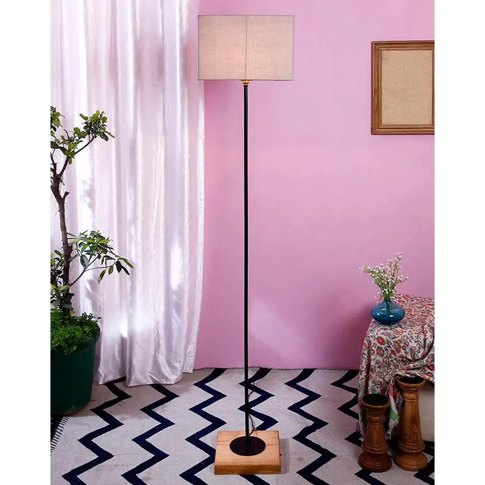 Minimalist Stick Floor Lamp With Wooden Base & Sqaure Shade White