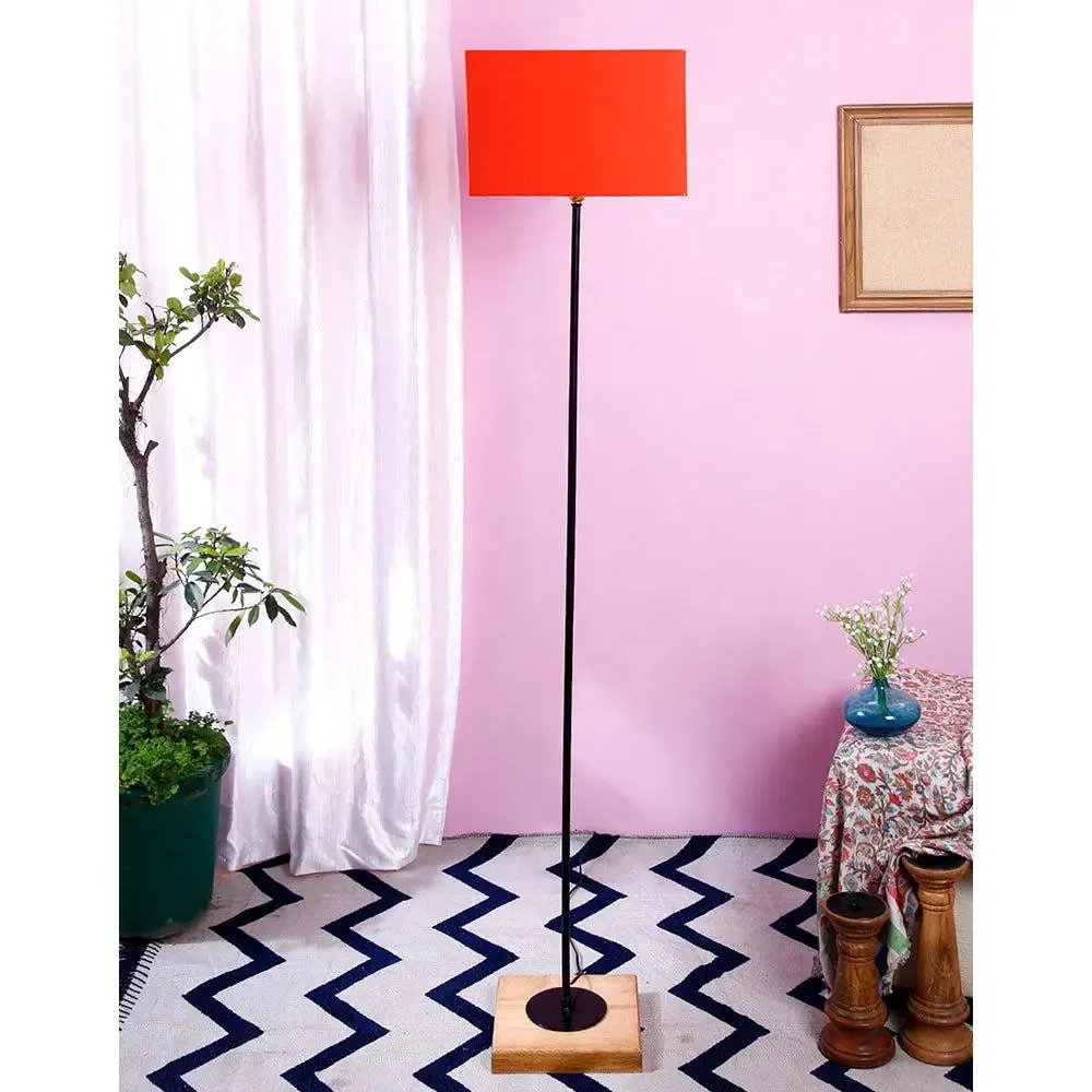 Minimalist Stick Floor Lamp With Wooden Base & Sqaure Shade White