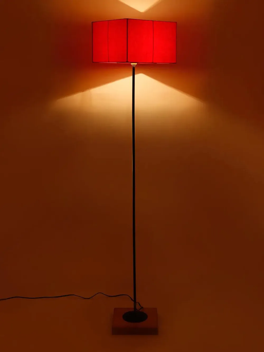 Minimalist Stick Floor Lamp With Wooden Base & Sqaure Shade White