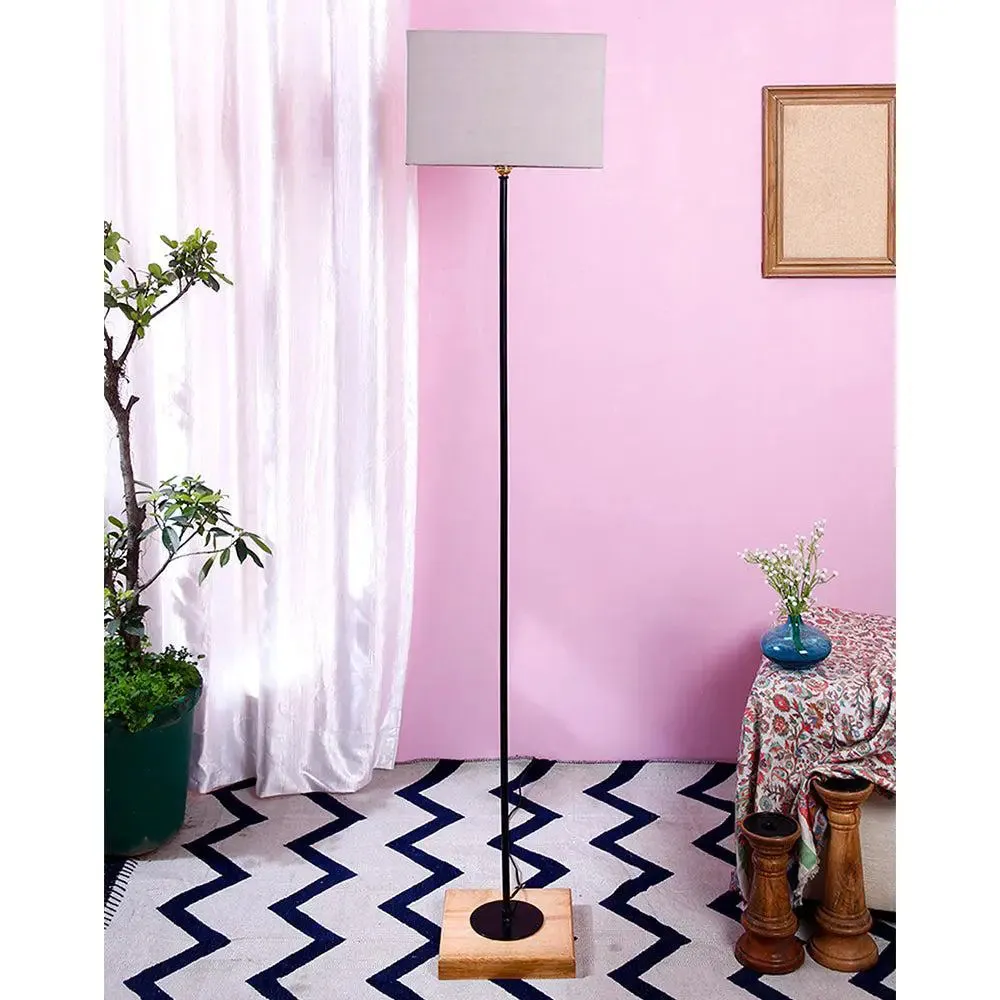 Minimalist Stick Floor Lamp With Wooden Base & Sqaure Shade White