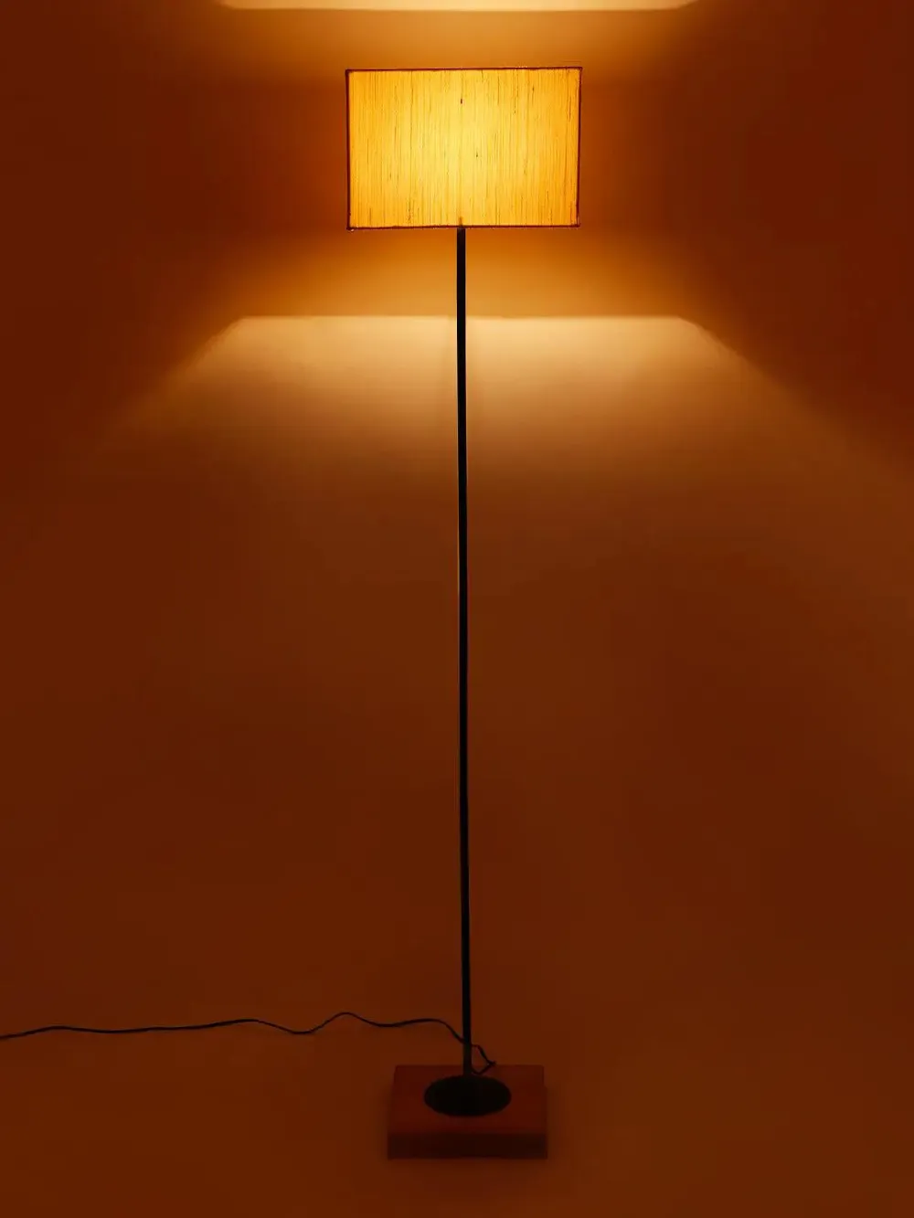 Minimalist Stick Floor Lamp With Wooden Base & Sqaure Shade White