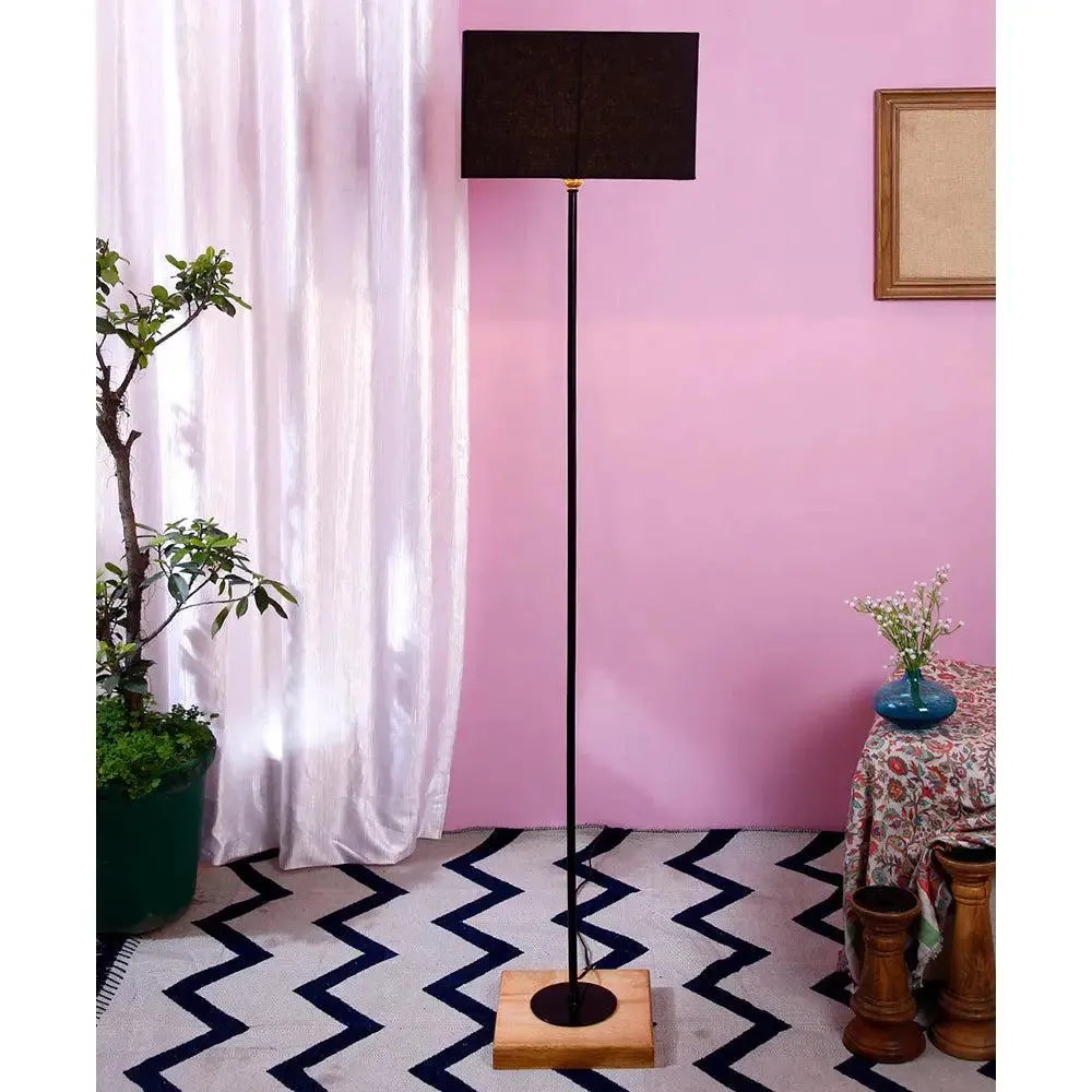 Minimalist Stick Floor Lamp With Wooden Base & Sqaure Shade White