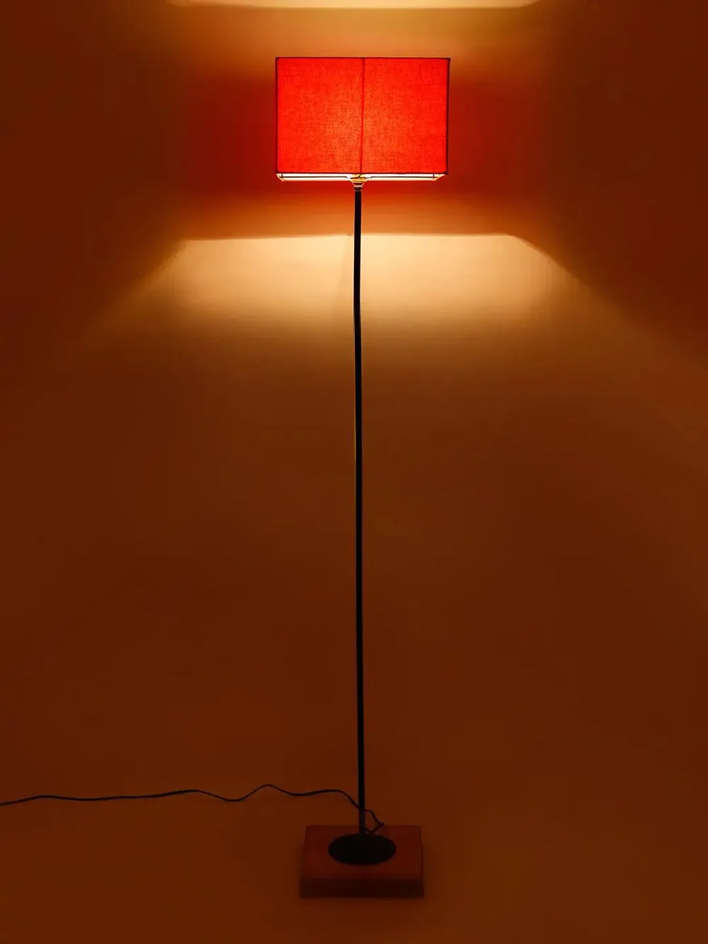 Minimalist Stick Floor Lamp With Wooden Base & Sqaure Shade White