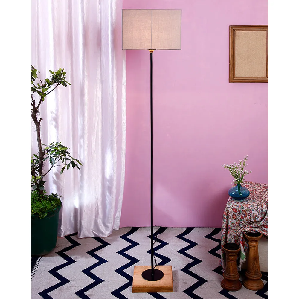 Minimalist Stick Floor Lamp With Wooden Base & Sqaure Shade White