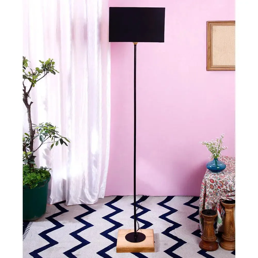 Minimalist Stick Floor Lamp With Wooden Base & Sqaure Shade White