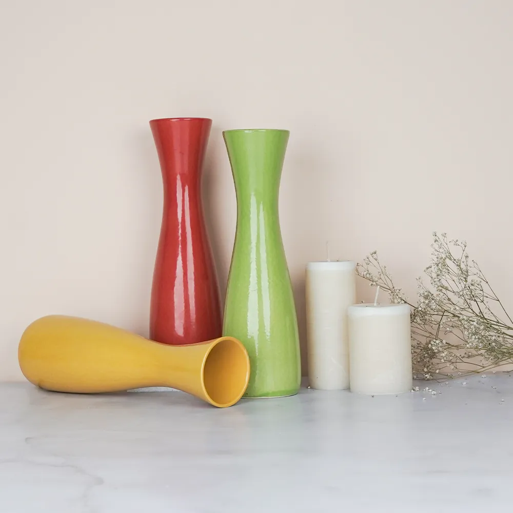 Minimalist Tapered Yellow, Green & Red Ceramic Vases Set Of 3
