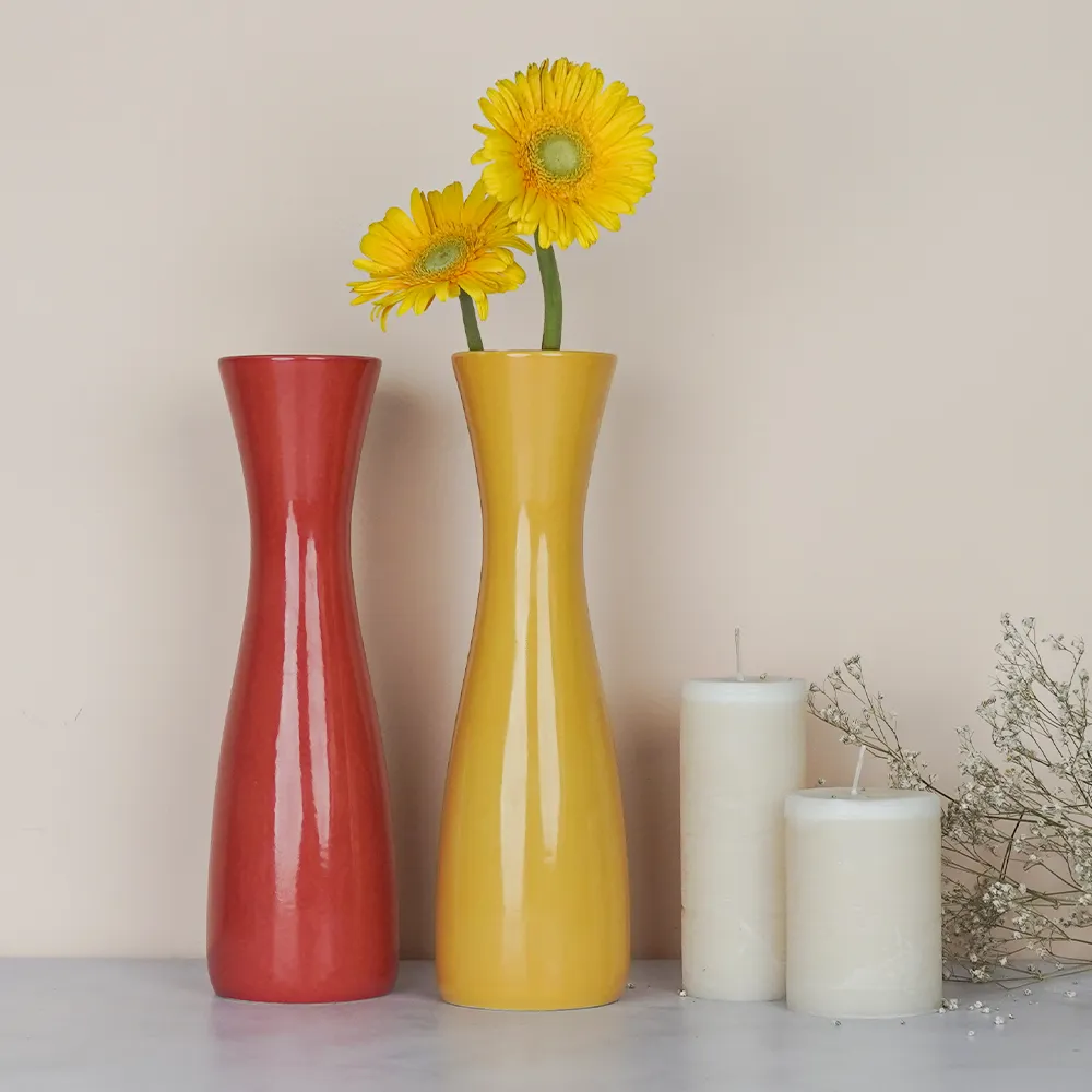 Minimalist Tapered Yellow & Red Ceramic Vases Set Of 2