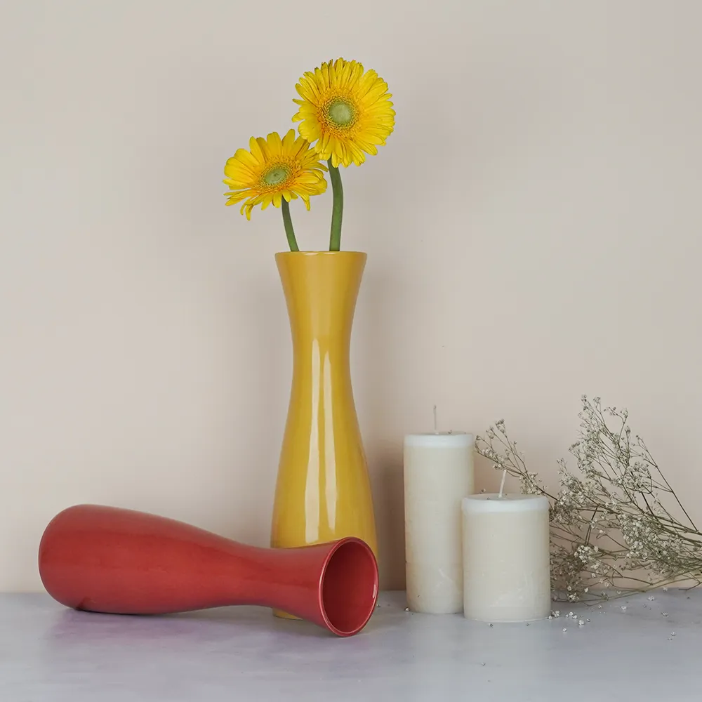 Minimalist Tapered Yellow & Red Ceramic Vases Set Of 2