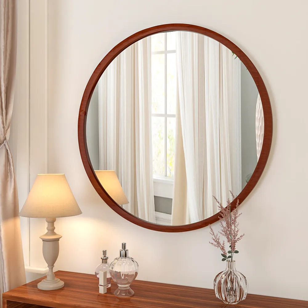 Minimalist Walnut Finish Wooden Round Wall Mirror (Available in Multiple Finishes) Brown