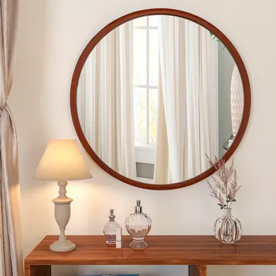 Minimalist Walnut Finish Wooden Round Wall Mirror (Available in Multiple Finishes)