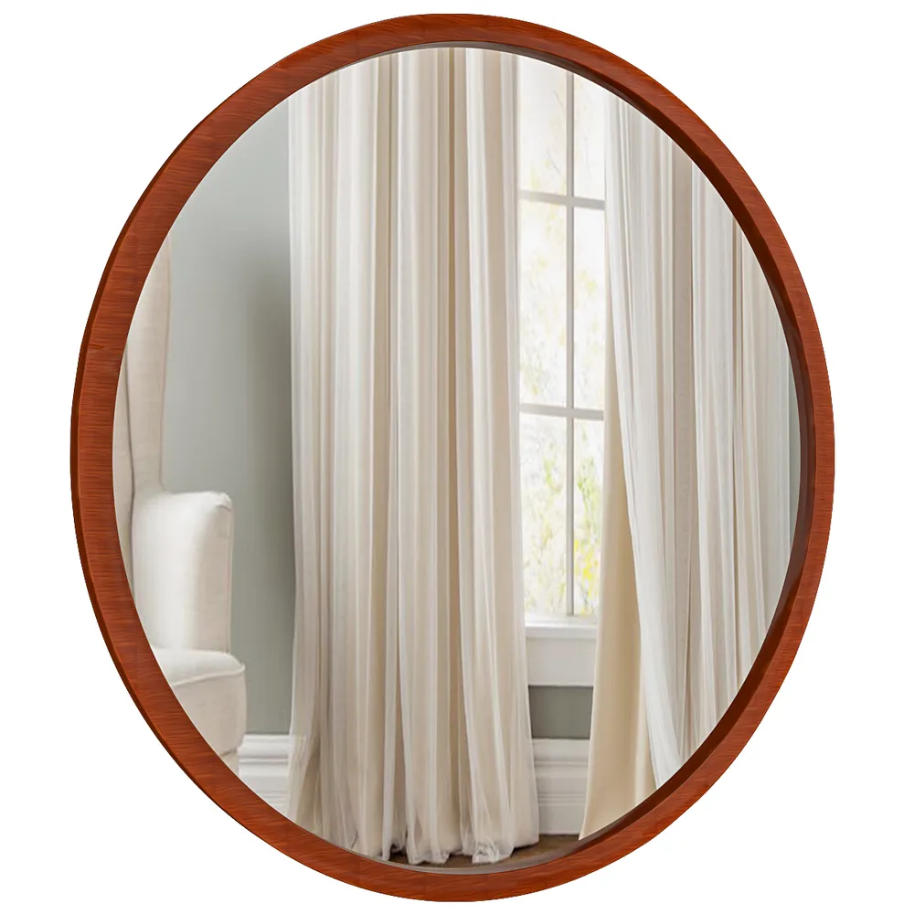 Minimalist Walnut Finish Wooden Round Wall Mirror (Available in Multiple Finishes) Brown