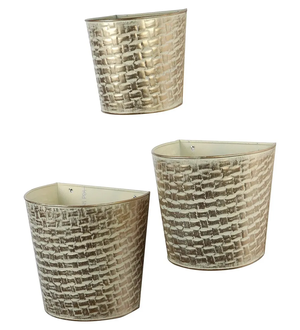 Minimalist White & Gold Hammered Wall Planter Set of 3