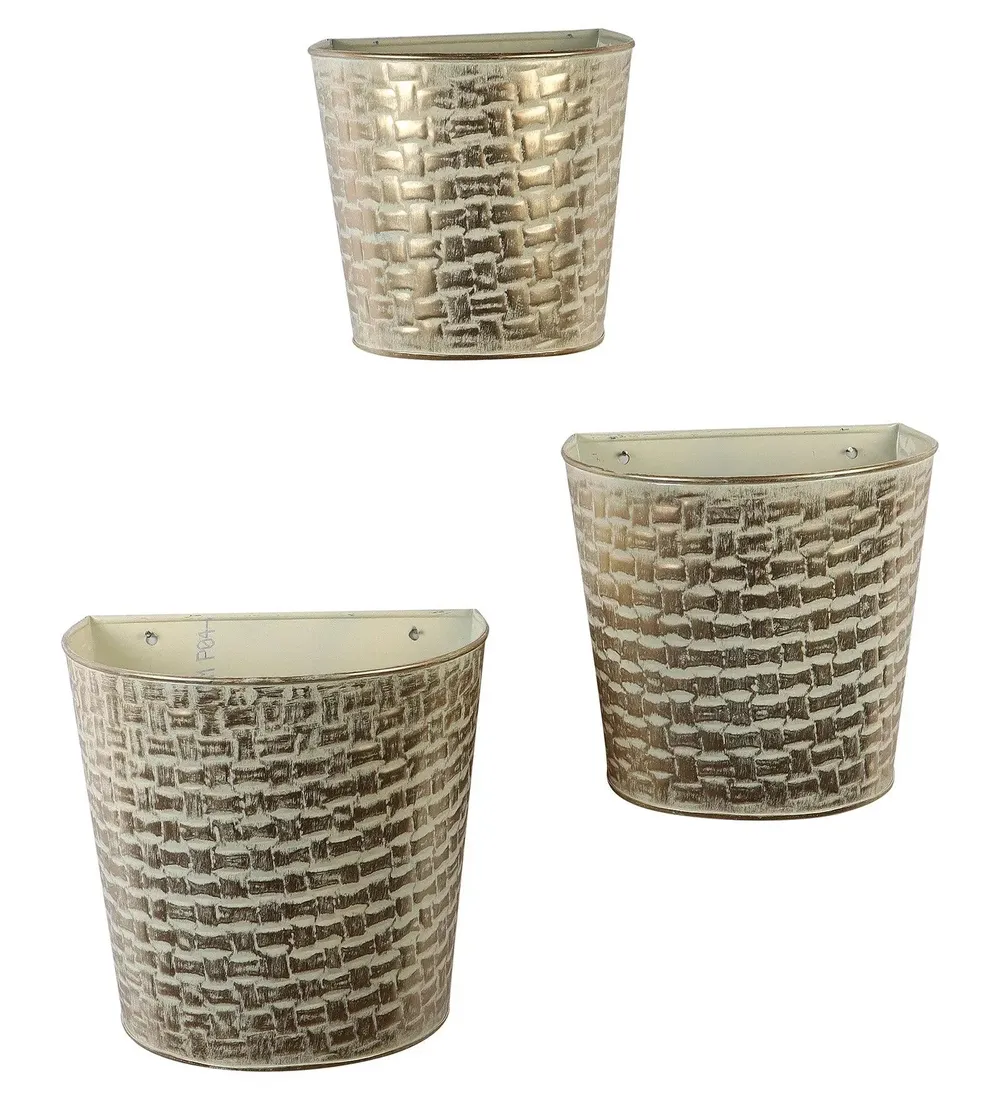 Minimalist White & Gold Hammered Wall Planter Set of 3