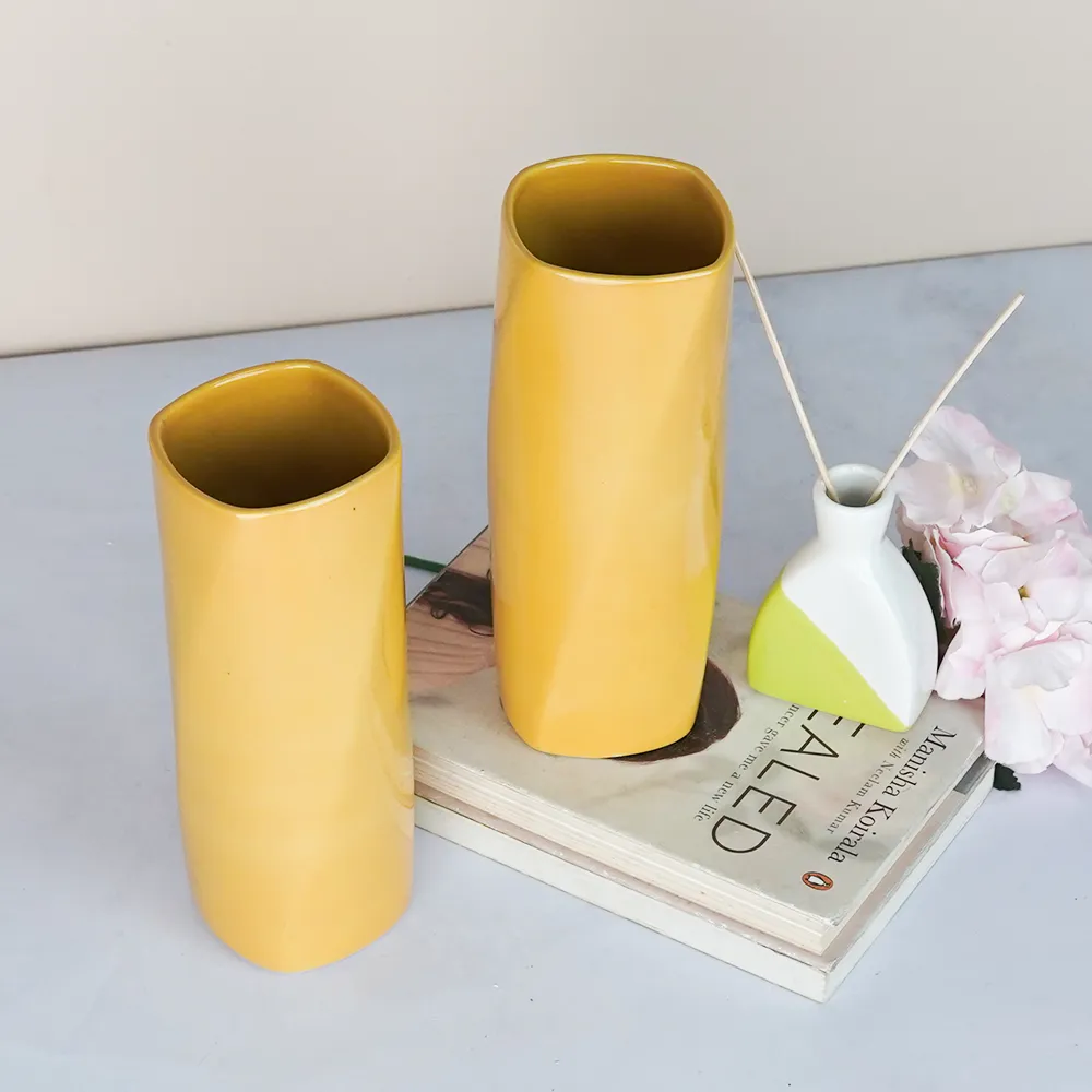 Minimalist Yellow Rectangular Ceramic Vase Set Of 2